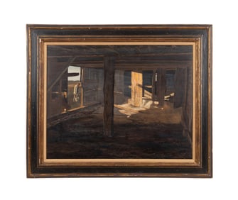 JOHN CHUMLEY 'EVENING CHORES' TEMPERA, C. 1962