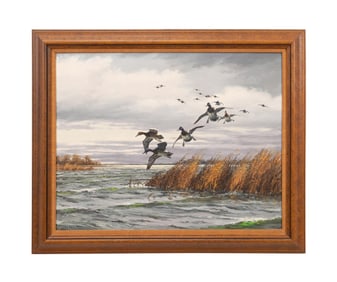 DAVID MAASS DUCKS IN FLIGHT OIL ON MASONITE