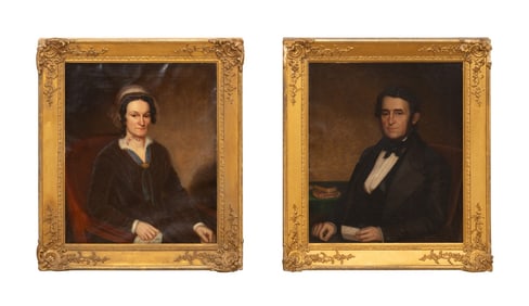 19TH C. AM. SCHOOL OIL PORTRAIT OF HUSBAND & WIFE