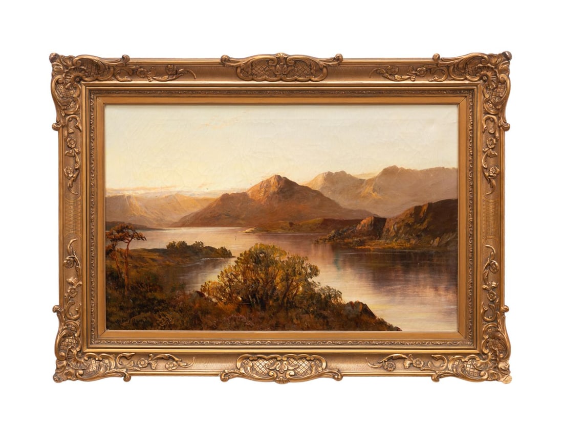 F. E. JAMIESON, MOUNTAIN LANDSCAPE SCENE, O/C: Francis E. Jamieson aka Aubrey Ramus, (United Kingdom / Scotland, 1895-1950). Untitled - Mountain Lake Landscape, oil on canvas, signed "Aubrey Ramus" to LL. Framed. Approximate dimensions: canvas h.