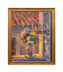 BRUNO ZUPAN 'FLOWERS IN MY STUDIO WINDOW' 1976 OIL
