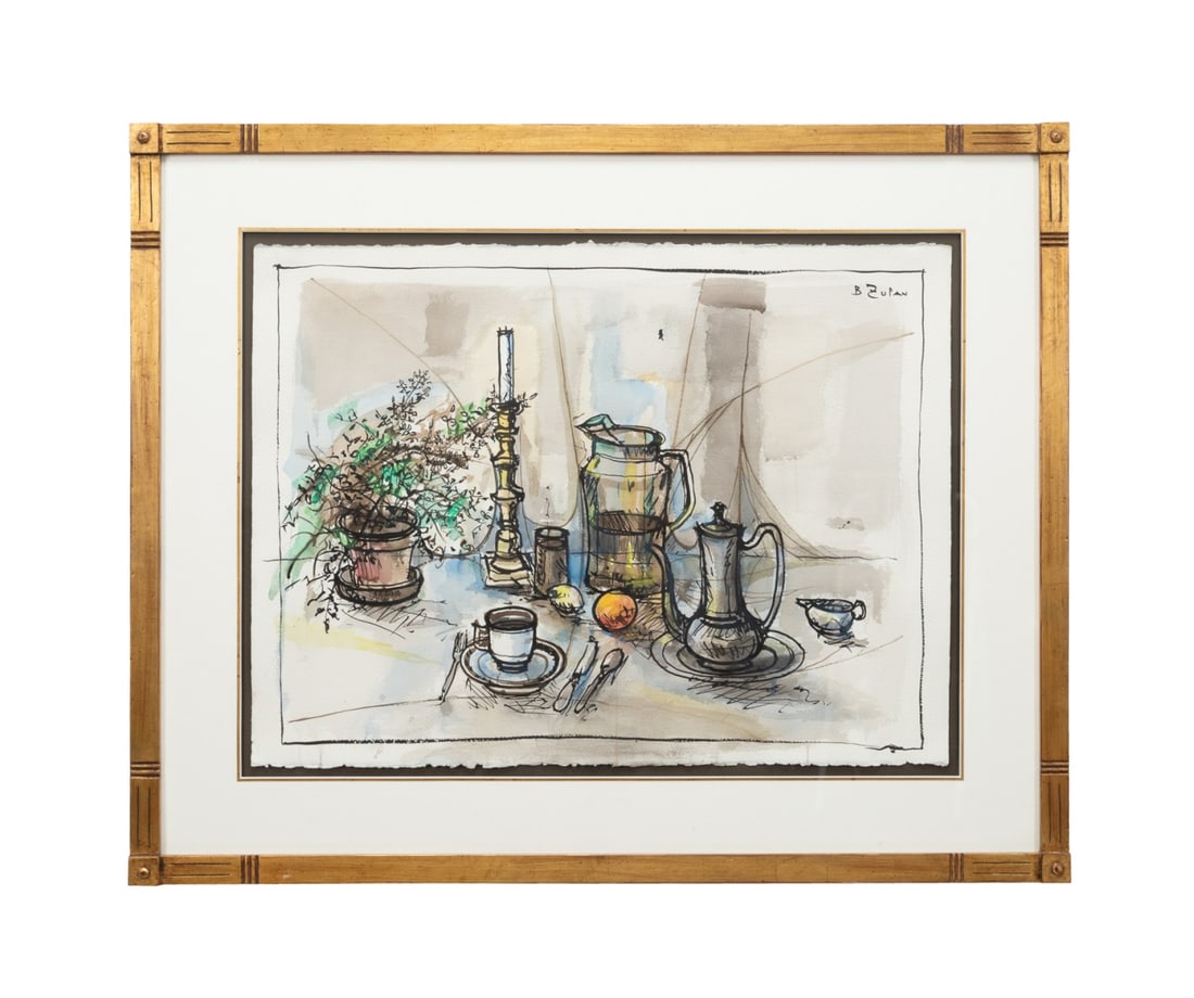 BRUNO ZUPAN 'THE BREAKFAST TABLE' STILL LIFE WC/P: Bruno Zupan (American (Georgia), born 1939). "The Breakfast Table", ink and watercolor on rice paper, signed to UR. Framed. Provenance: Private Collection, Atlanta, GA. Approximate dimensions: paper h