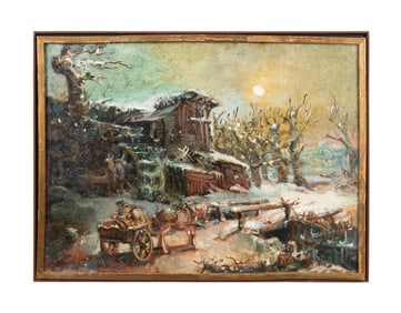 FOREST JACOBS, WINTER COTTAGE LANDSCAPE, OIL