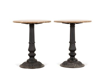PAIR OF CAST IRON AND CREAM MARBLE BISTRO TABLES