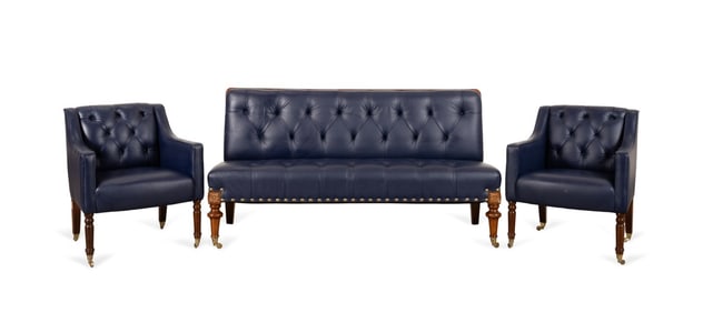 BLUE CHESTERFIELD LEATHER SETTEE AND TWO CHAIRS