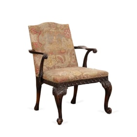 19TH C. GEORGE II NEEDLEWORK LIBRARY ARM CHAIR