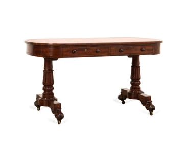 19TH C. RED LEATHER MAHOGANY LIBRARY TABLE