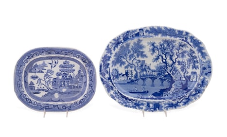 2 ENGLISH BLUE AND WHITE TRANSFERWARE PLATTERS