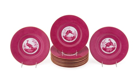 SET OF 12 SPODE FUSCIA EXOTIC BIRD SERVICE PLATES