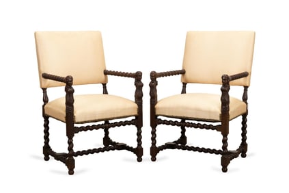 E. 20TH C. JACOBEAN REVIVAL UPHOLSTERED ARMCHAIRS