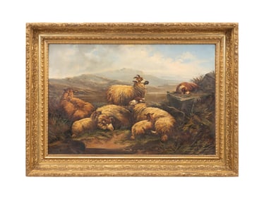 19TH C. ENGLISH SCHOOL LANDSCAPE WITH SHEEP, OIL