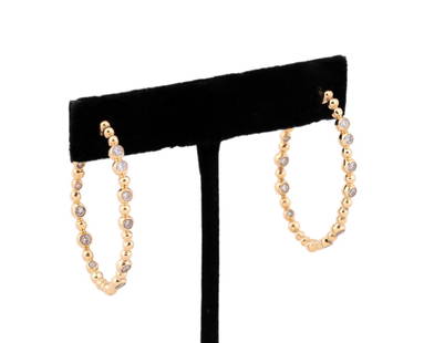 MICHAEL ARAM DIAMOND 18K YELLOW GOLD HOOPS: Michael Aram. Pair of diamond and 18k yellow gold bead motif hoop earrings, with (22) round diamonds. Maker's mark "Aram" and "750" on back to two beads. Provenance: Private Collection, Atlanta, GA. A