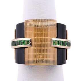 DECO STYLE CITRINE, ONYX & TSAVORITE 18K YG RING
