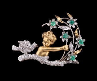DIAMOND & EMERALD CHERUB BROOCH SET IN GOLD