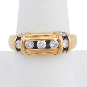 DIAMOND AND SAPPHIRE BAND RING 18K YELLOW GOLD