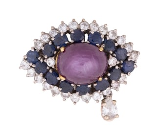 STAR RUBY, SAPPHIRE & DIAMOND PENDANT SET IN 14K