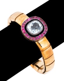 ART DECO AQUAMARINE & RUBY BRACELET SET IN 18K YG