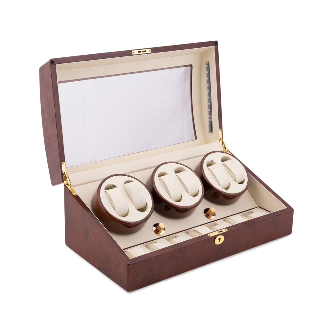 LARGE BURLWOOD LED LIGHTED WATCH WINDER BOX (1 of 7)