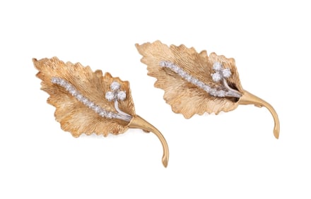 PAIR OF DIAMOND LEAF BROOCHES SET IN 14K YG