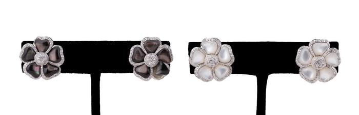 4PC 14K WG, MOP & DIAMOND FLORAL CLIP EARRINGS
