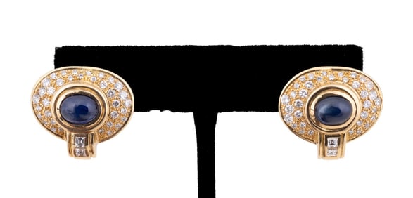 CABOCHON SAPPHIRE & DIAMOND EARRINGS SET IN 18K YG