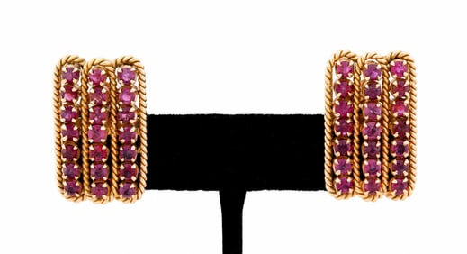 RUBY THREE ROW MOTIF CLIP EARRINGS, 14K YG