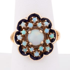 VINTAGE OPAL & ENAMEL COCKTAIL RING SET IN 14K YG