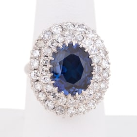 SYNTHETIC SAPPHIRE & DIAMOND RING SET IN 14K WG