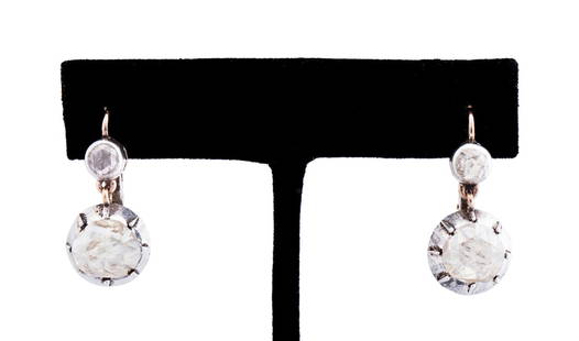 ANTIQUE ROSE CUT DIAMOND EARRINGS: Antique faceted diamond drop earrings in 800 silver with 14k yellow gold hook backs, having (2) approximately 5mm rose cut diamonds to upper and (2) approximately 10mm rose cut diamonds pendant drops.