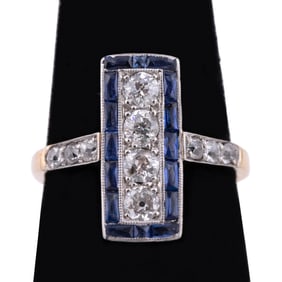 ART DECO STYLE SAPPHIRE & DIAMOND TWO TONE RING