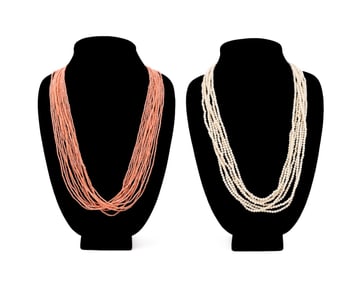 CORAL, 14K YELLOW GOLD AND BONE BEADED NECKLACES