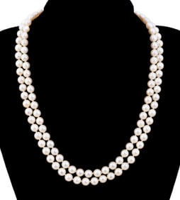 DOUBLE STRAND PEARL NECKLACE, DIA., SAPPHIRE CLASP