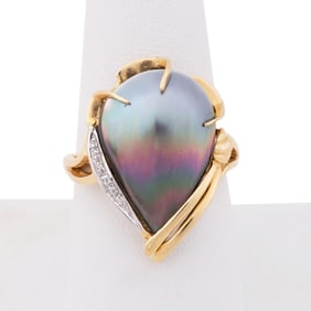 MABE PEARL & DIAMOND RING SET IN 18K YG