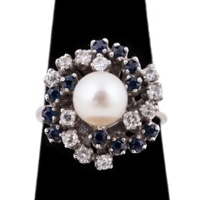 PEARL, SAPPHIRE & DIAMOND 14K WHITE GOLD RING