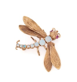 VINTAGE OPAL & RUBY DRAGONFLY BROOCH SET IN 14K RG
