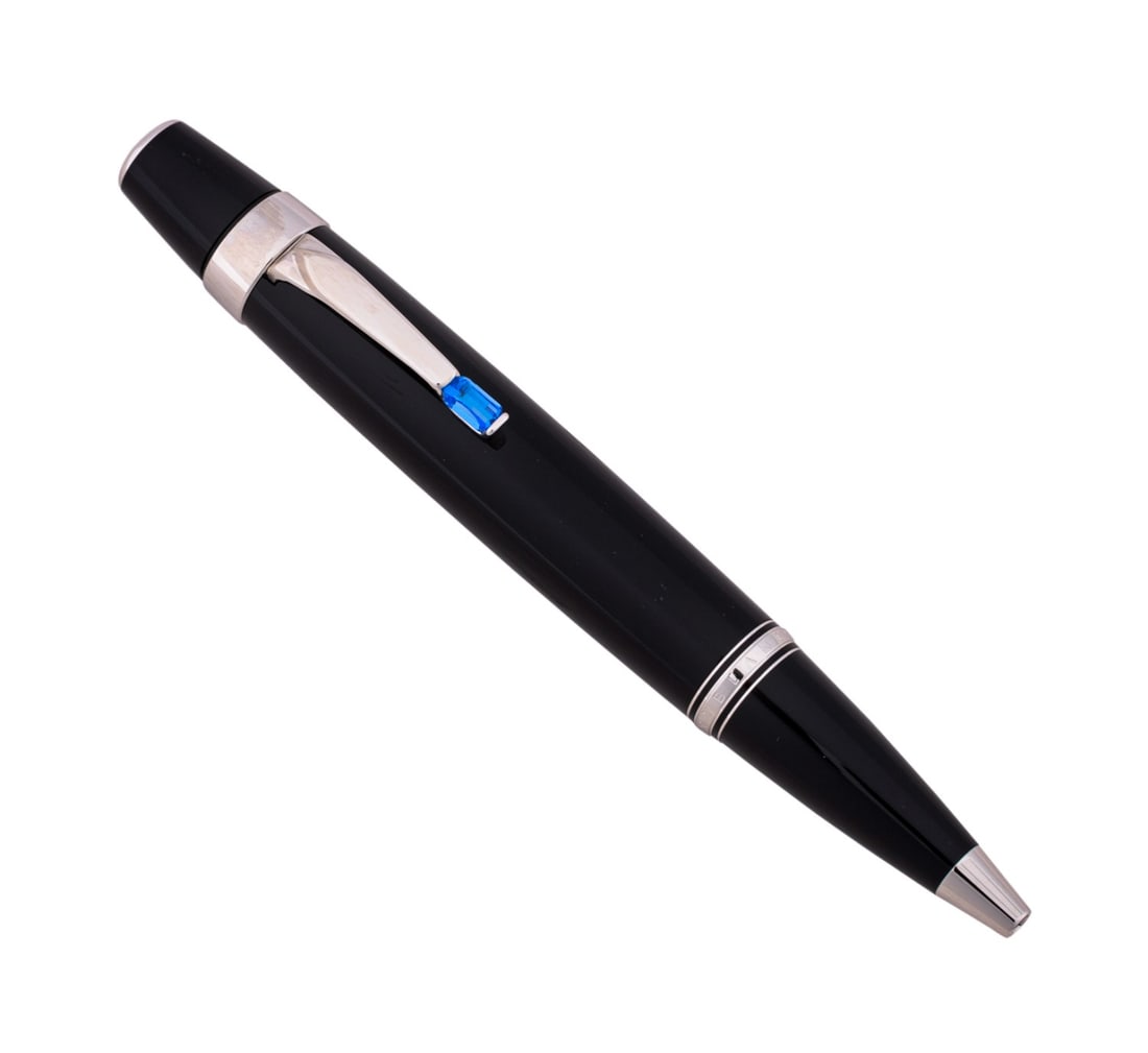 MONTBLANC BOHEME BLEU BALLPOINT PEN: Montblanc (German, founded 1906), circa 2000. Precious resin and platinum plated Boheme Bleu miniature ballpoint pen, having a synthetic sapphire colored stone set into the clip, serial number KL13773
