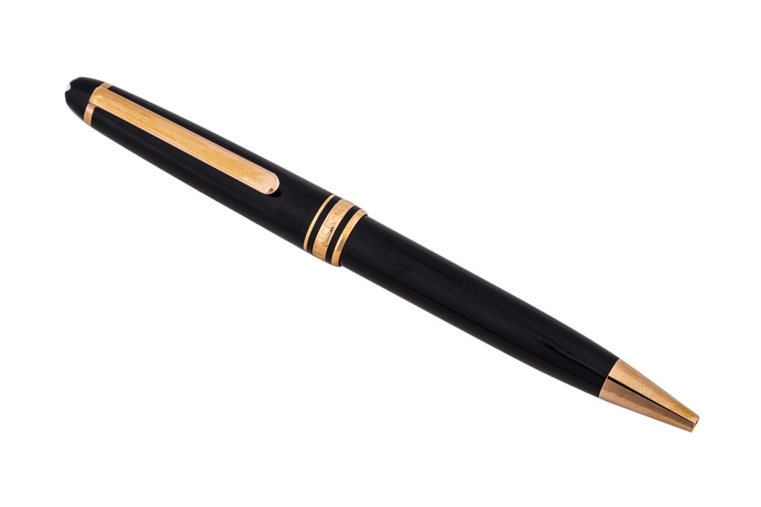 MONTBLANC MEISTERSTUCK RESIN & GOLD BALLPOINT PEN: Montblanc (German, founded 1906), contemporary. Precious resin and gold plated Meisterstuck Classique ballpoint pen, serial number MAJNV2BJ0, marked appropriately including to the underside of the cli