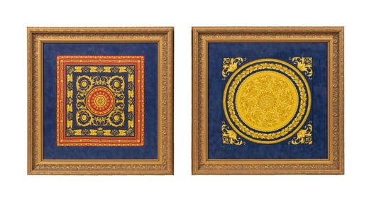 TWO FRAMED VERSACE MEDUSA HEAD BAROQUE SCARVES
