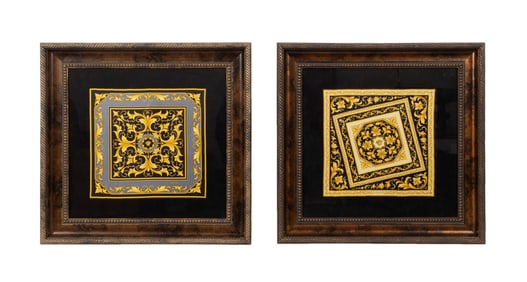 TWO FRAMED VERSACE MEDUSA HEAD BAROQUE SCARVES