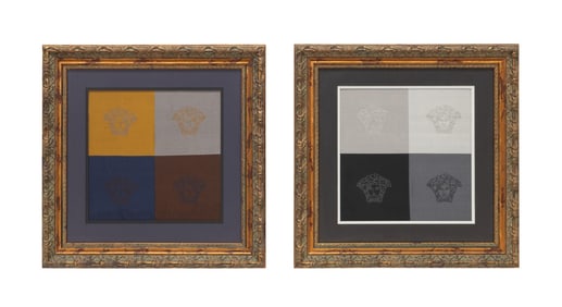 TWO FRAMED VERSACE MEDUSA HEAD SILK POCKET SQUARES