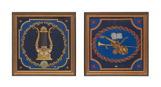 TWO FRAMED VERSACE MUSICAL MOTIF SILK SCARVES