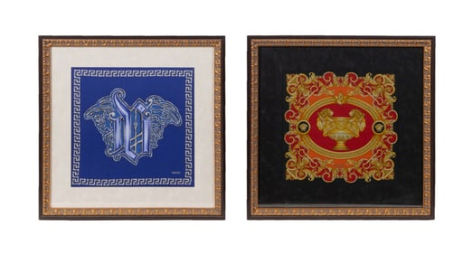 TWO FRAMED VERSACE SILK SCARVES