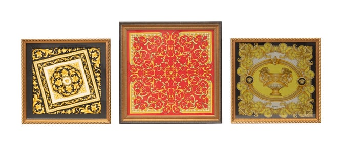 THREE FRAMED VERSACE BAROQUE SILK SCARVES