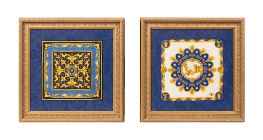 TWO FRAMED VERSACE BAROQUE SILK SCARVES