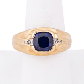 MEN'S SYNTHETIC SAPPHIRE & DIAMOND RING, 10K YG