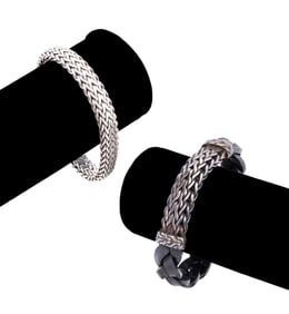 TWO JOHN HARDY STERLING AND LEATHER BRACELETS