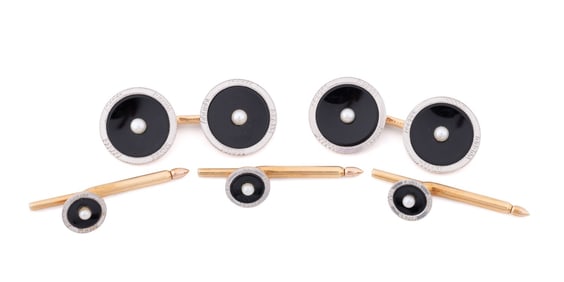 TIFFANY & CO. PEARL & ONYX DRESS SET IN PLAT. 14K