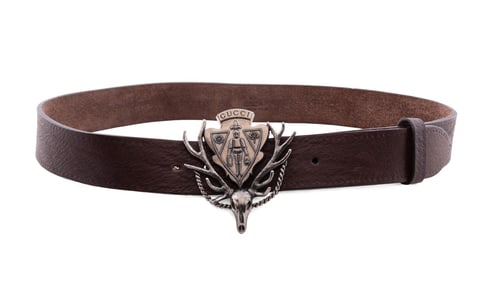 GUCCI MEN'S ANTLER CREST BROWN CALFSKIN BELT