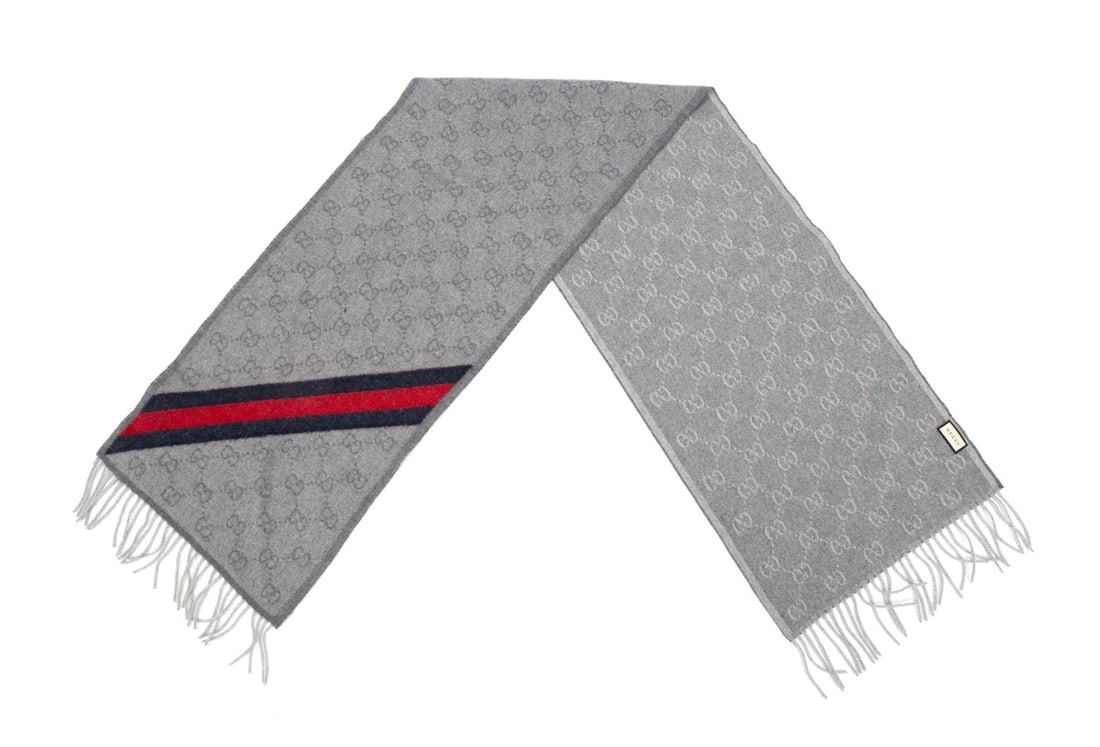 GUCCI 'NIKKY' WOOL GG MONOGRAM WEB STRIPE SCARF (1 of 8)