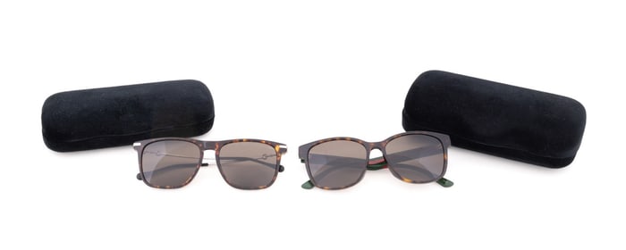 TWO GUCCI SUNGLASSES BROWN, GREEN, RED, SILVER